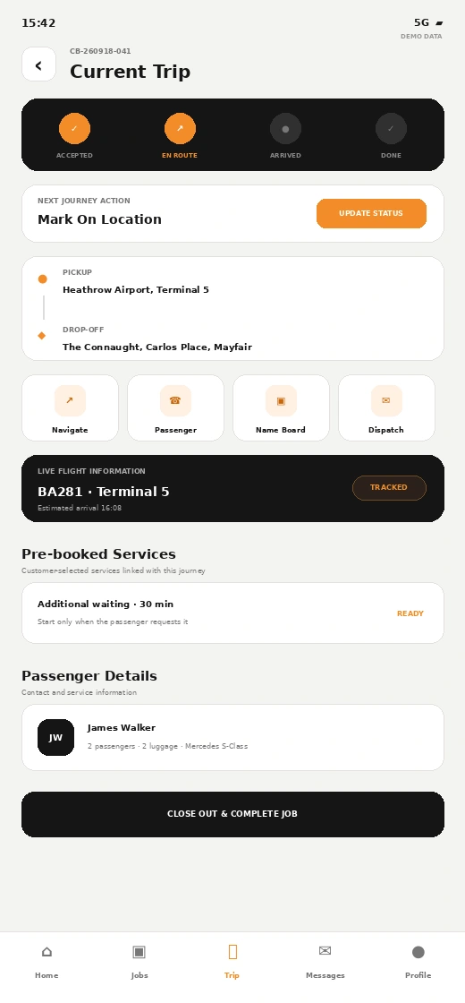 Driver app for airport transfer chauffeur journey