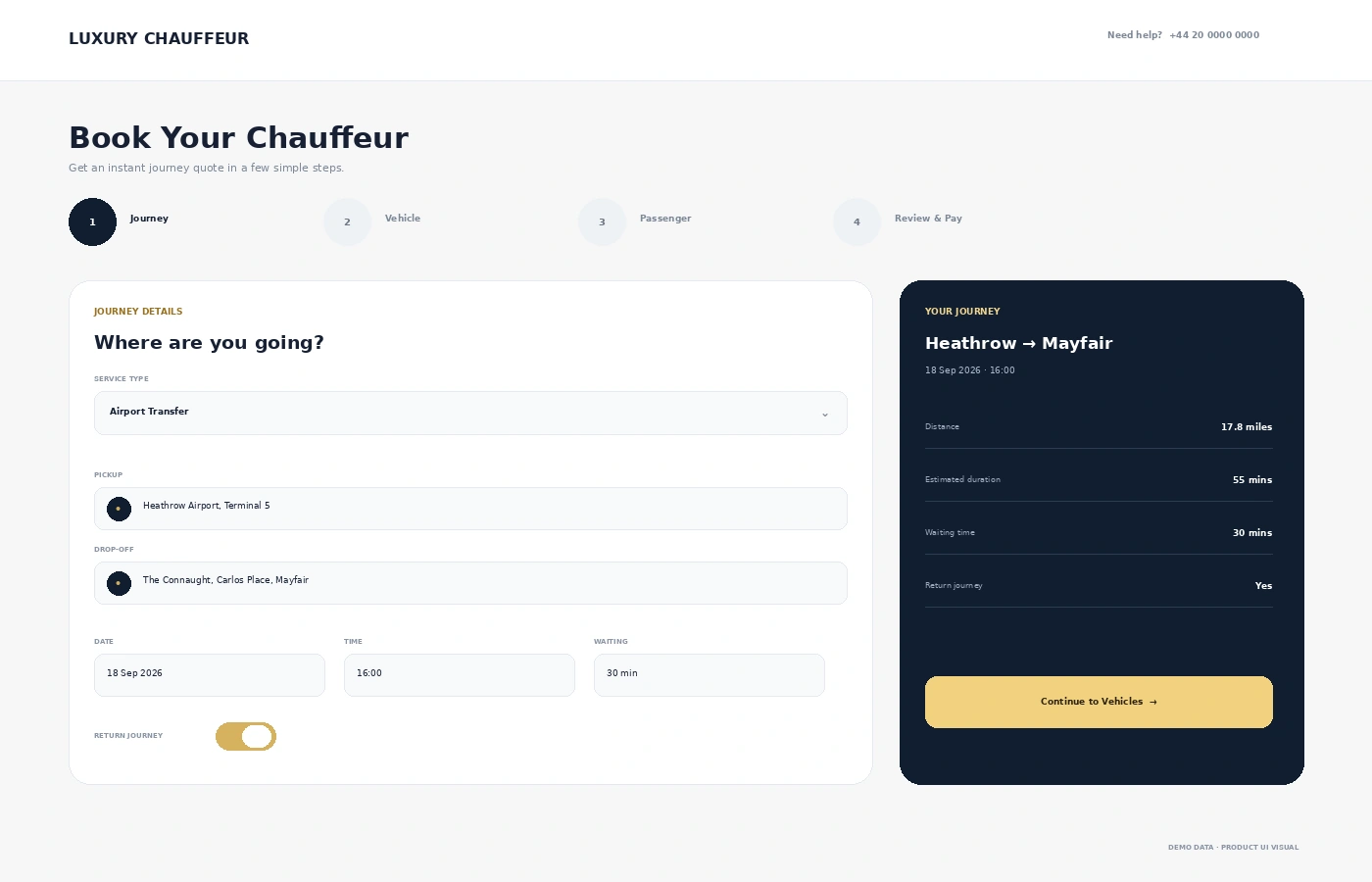 Online chauffeur booking engine journey form