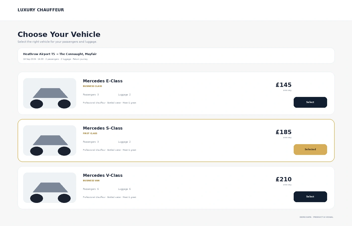 Chauffeur booking engine vehicle selection