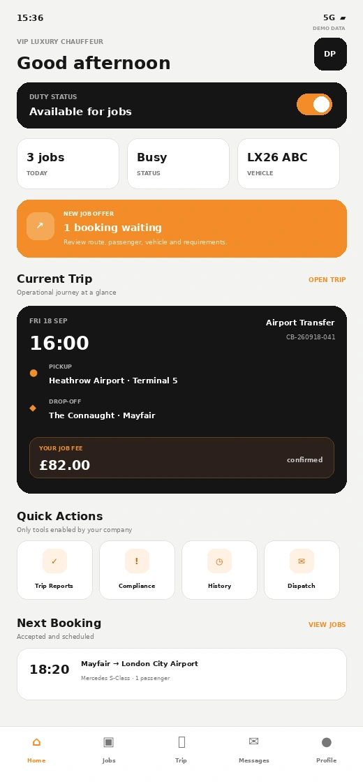 Chauffeur driver app home screen showing duty status, current trip and quick actions