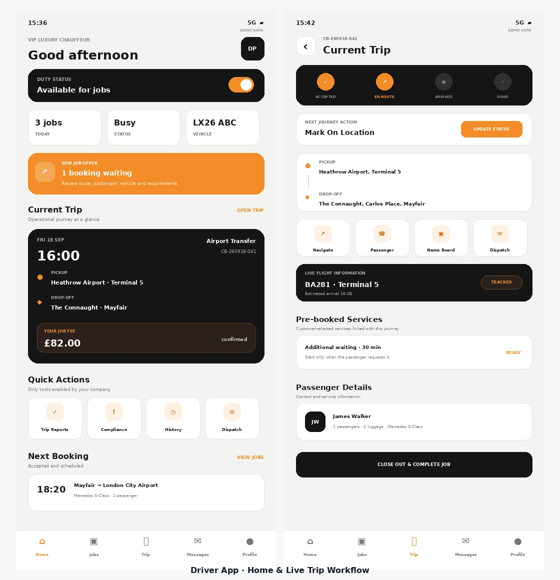 Combined chauffeur driver app screens showing home dashboard and live trip control