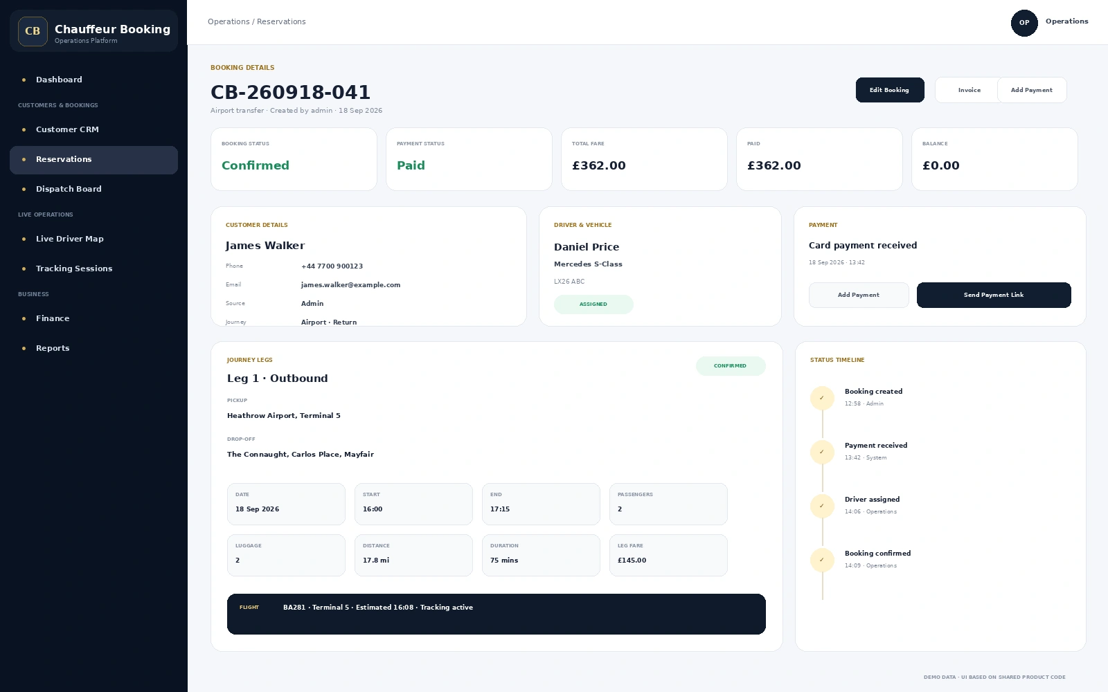 Chauffeur reservation booking details showing customer, journey legs, driver, vehicle, payment and status timeline
