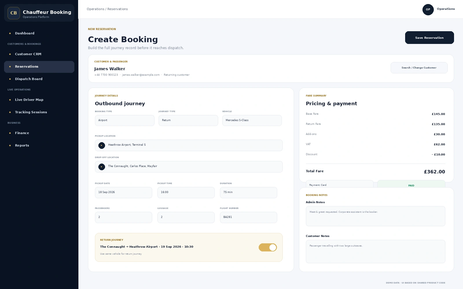 Create chauffeur booking screen with customer, journey, return trip, vehicle, pricing, payment and notes