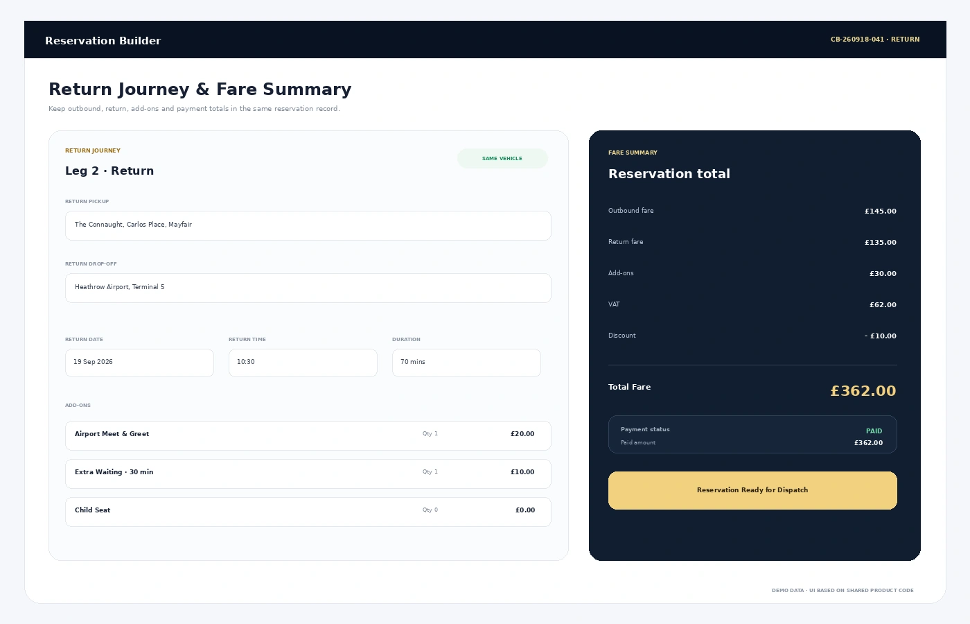 Chauffeur reservation return journey and fare summary showing outbound fare, return fare, add-ons, VAT and payment