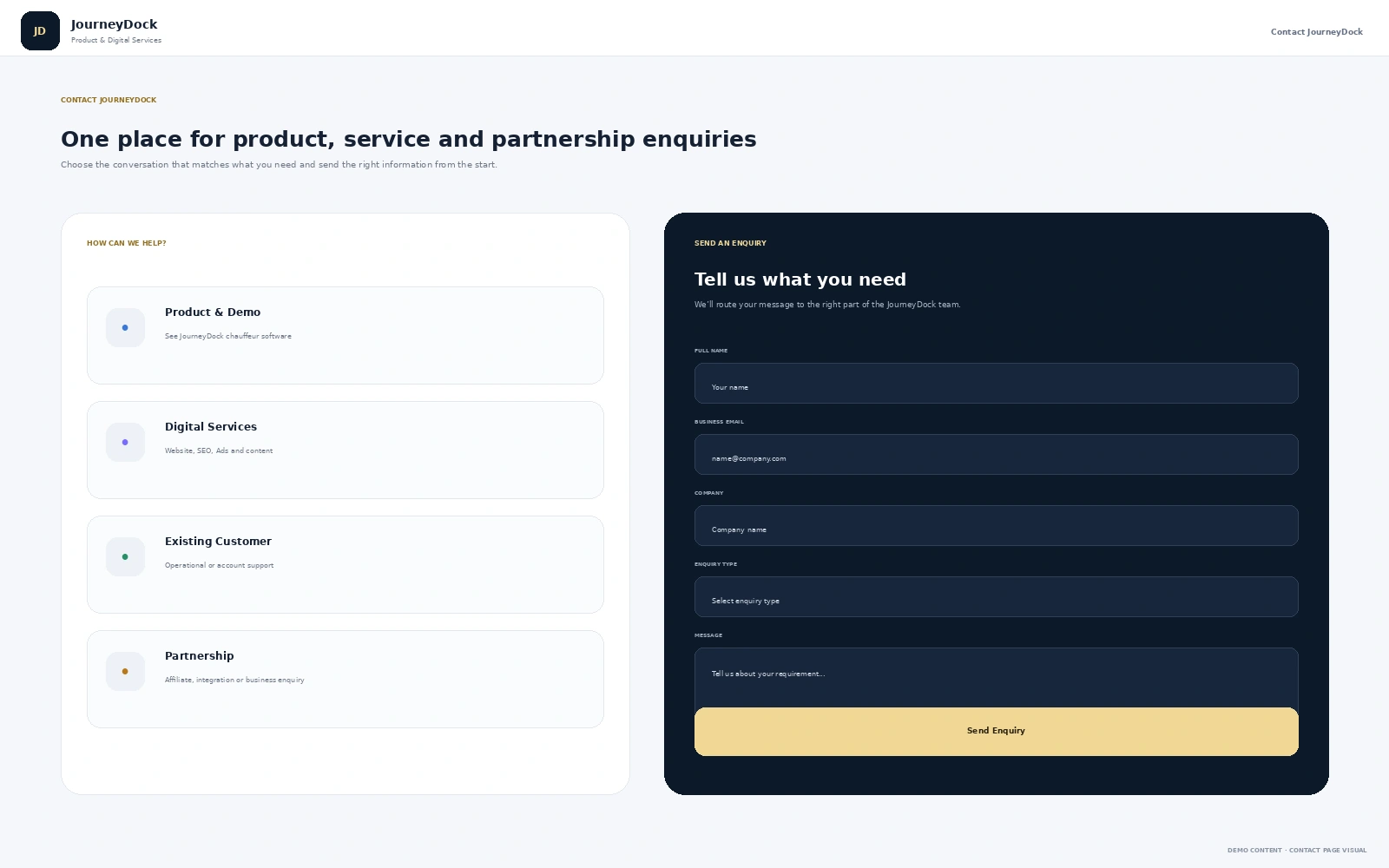 JourneyDock contact page for product digital services customer support and partnership enquiries