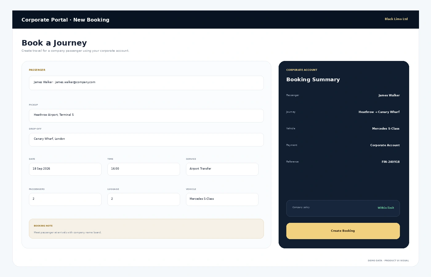 Corporate portal create chauffeur booking