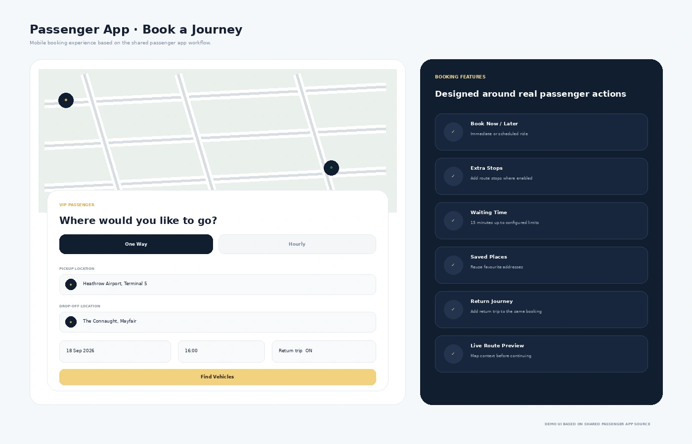 Chauffeur passenger app booking screen with map pickup drop-off date time and return journey