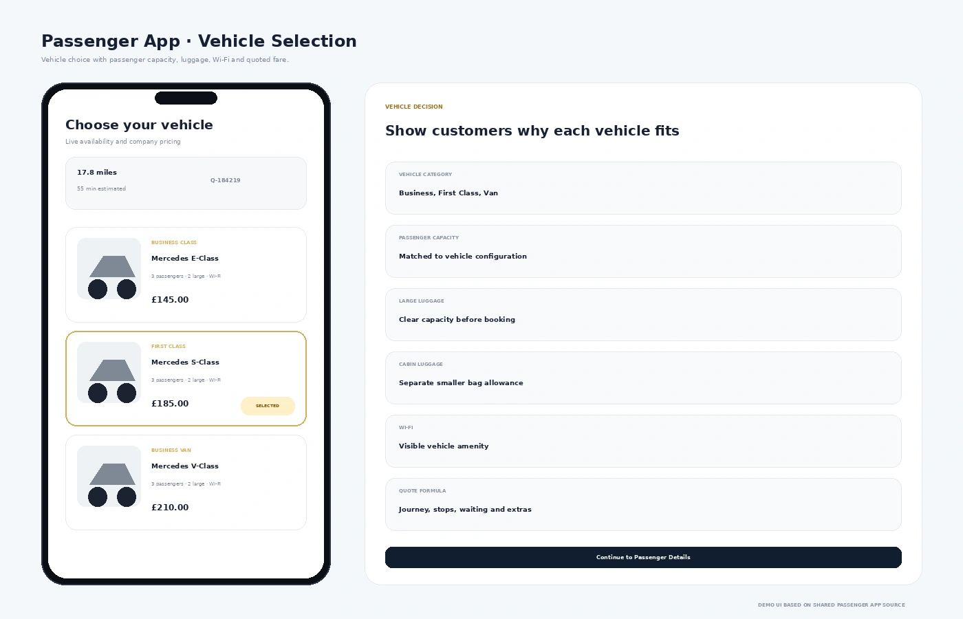 Passenger app vehicle selection with passenger luggage Wi-Fi and pricing