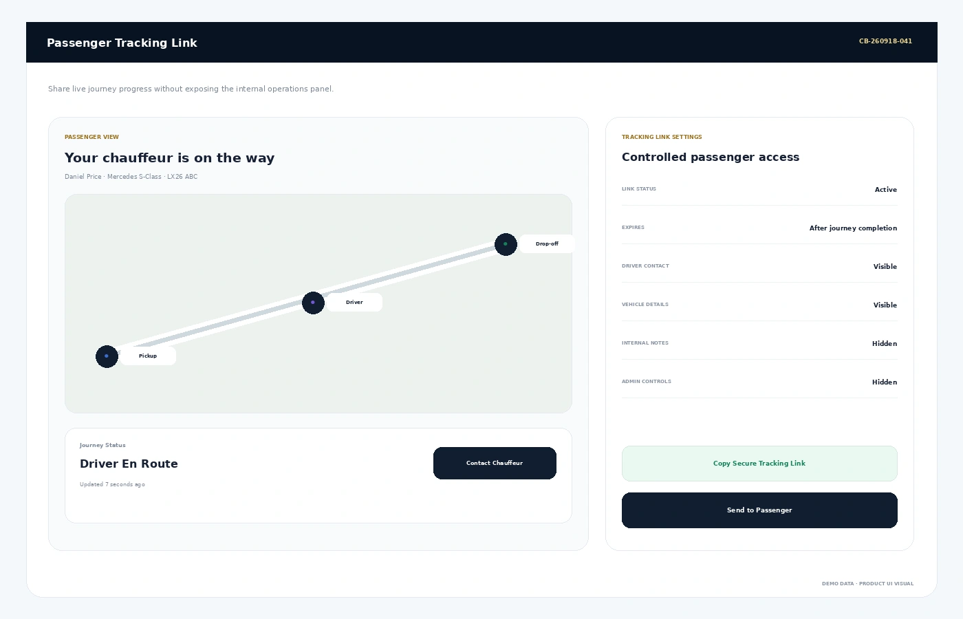 Passenger journey tracking link with chauffeur location and booking status
