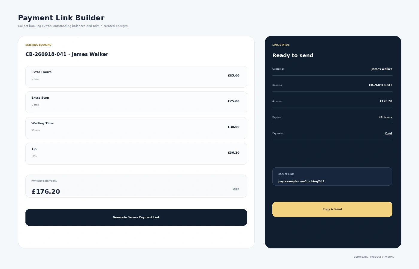 Chauffeur booking payment link builder for extra charges and outstanding amounts